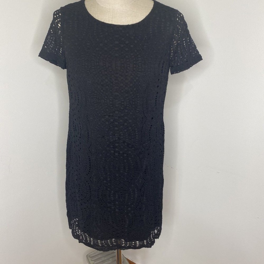New J Crew Dress Black Eyelet Size 6 Crew Neck Short Sleeve Scalloped Hem